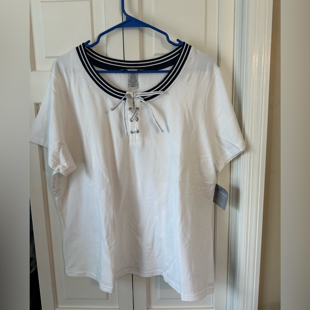 Sag Harbor White Short Sleeve Tee with Navy Size 1X NWT